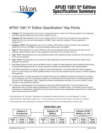 APl/EI 1581 5th Edition Specification Summary - Velcon Filters