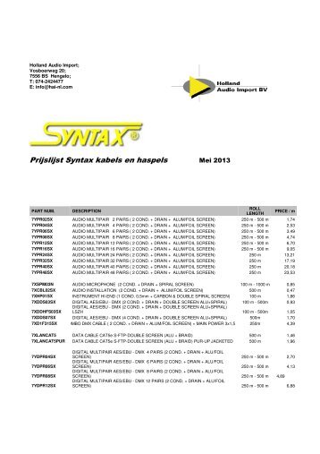 Prijslijst Syntax kabels en haspels - Holland Audio Import