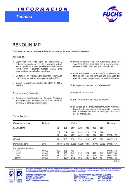 INFORMACION TÃƒÂ©cnica RENOLIN MP - Fuchs Lubricantes