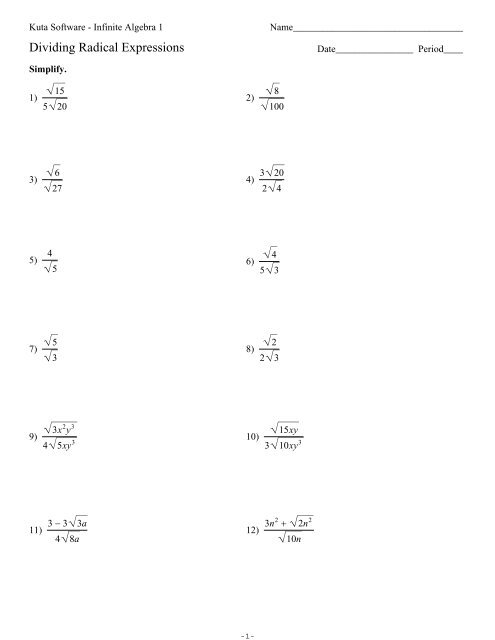 simplifying radicals kuta software algebra 1