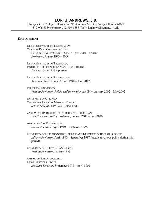 Lori Andrews' Curriculum Vitae (PDF) - Chicago-Kent College of ...