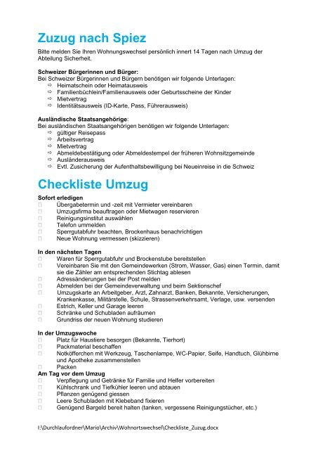 Checkliste Zuzug (PDF) - in Spiez