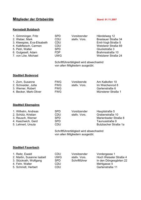 Mitglieder der OrtsbeirÃ¤te - Stadt Butzbach