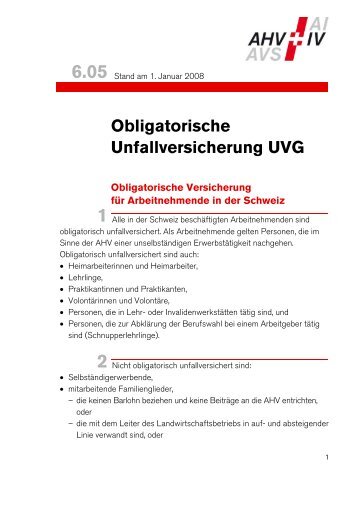Obligatorische Unfallversicherung UVG (Merkblatt 6.05)