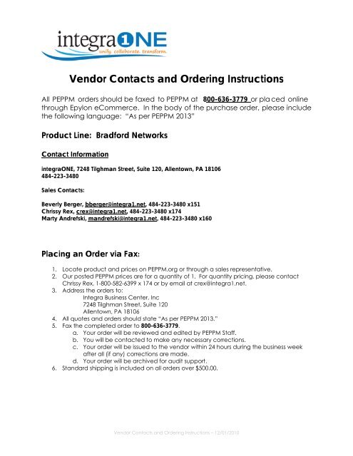 Vendor Contacts and Ordering Instructions - Peppm