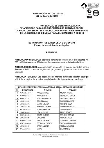 RESOLUCION DE ADMITIDOS CIENCIAS