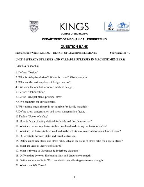 QUESTION BANK - Kings College of Engineering