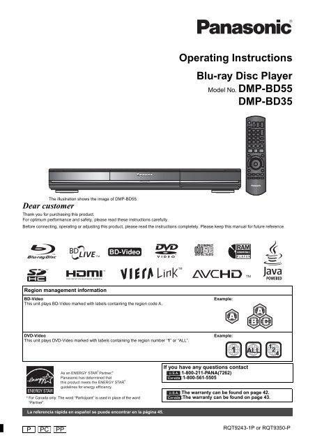 Operating Instructions Blu-ray Disc Player DMP-BD35 - Panasonic