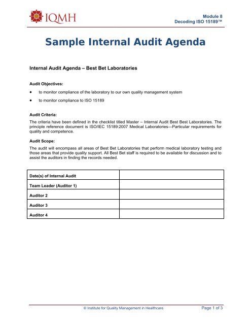 Sample Internal Audit Agenda - Lab Quality Confab