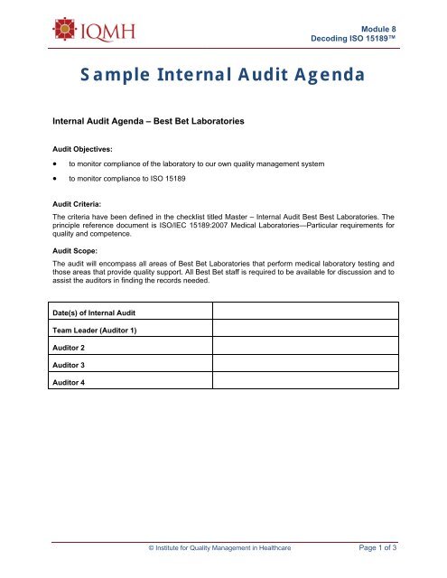 Sample Internal Audit Agenda - Lab Quality Confab