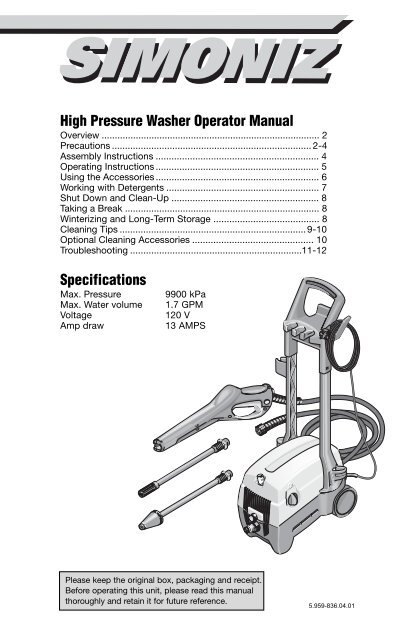 High Pressure Washer Operator Manual ... - OrderTree.com