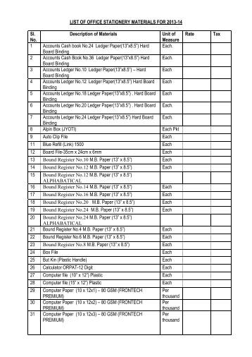 stationery items list