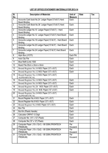 list of office stationery materials for 2012-13 - Orissa Mining ...