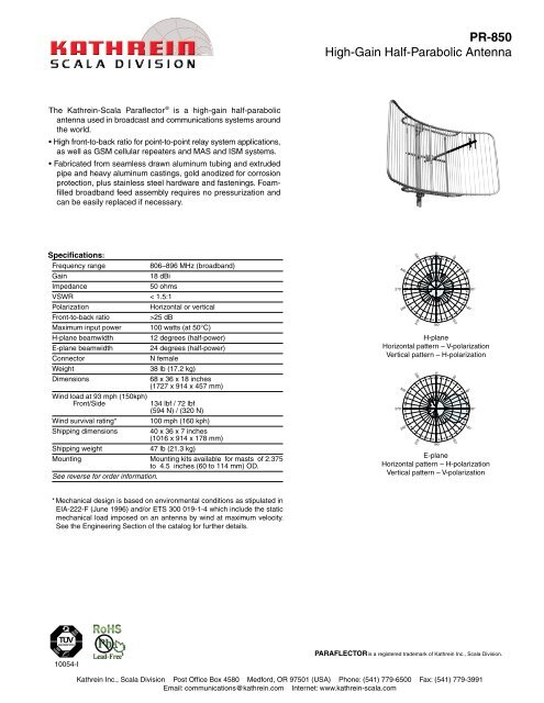 PR-850 High-Gain Half-Parabolic Antenna - Kathrein Scala Division