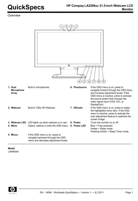HP Compaq LA2206xc écran plat de PC 54,6 cm (21.5) 1920 x
