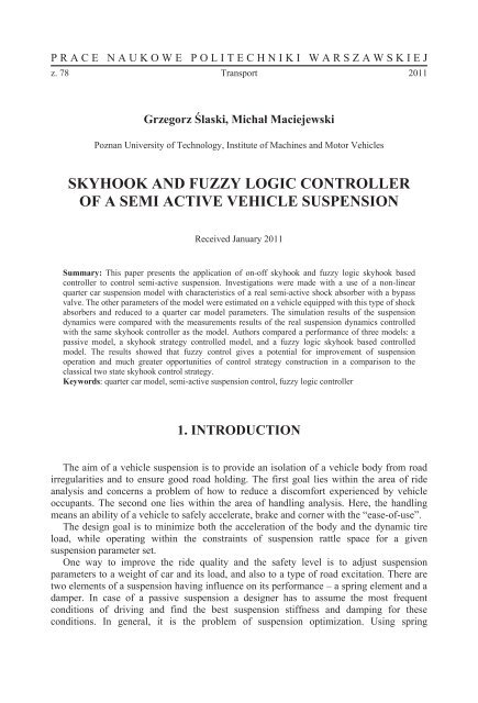 skyhook and fuzzy logic controller of a semi active vehicle suspension