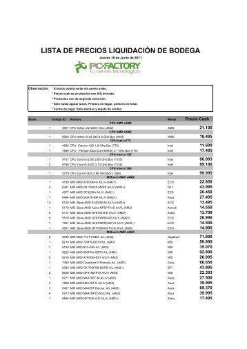 LISTA DE PRECIOS LIQUIDACIÓN DE BODEGA - PC Factory