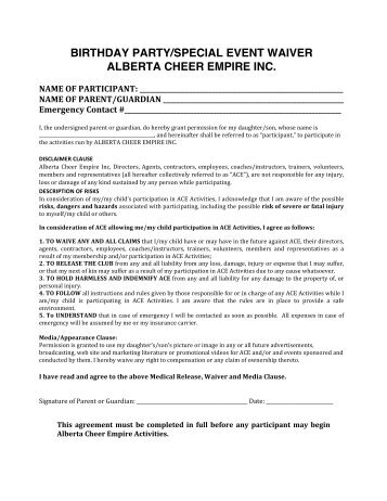 birthday party/special event waiver alberta cheer empire inc.