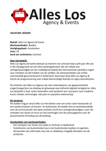 VACATURE: BOEKER Bedrijf: Alles Los Agency & Events ...