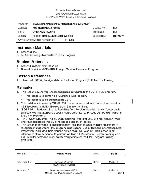 Class Lesson Reference Instructor Materials Student Materials Lesson References Remarks