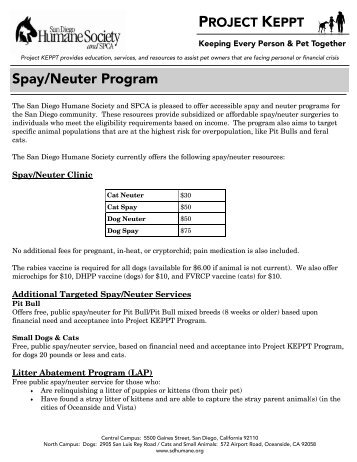 Spay/Neuter Program - San Diego Humane Society and SPCA