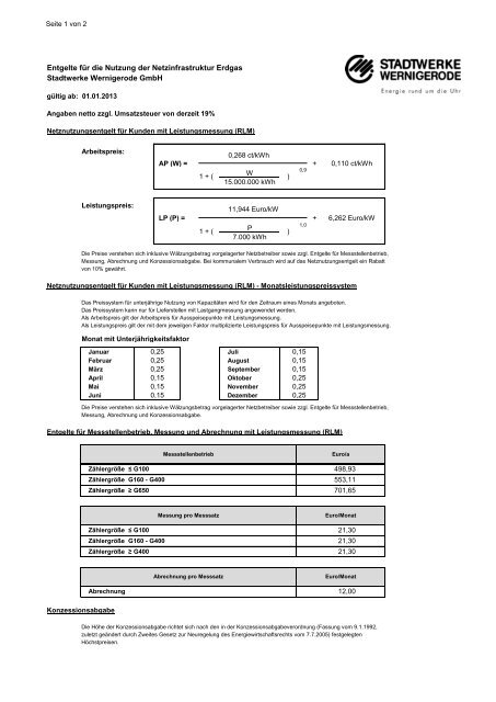 Preisblatt Netznutzungsentgelte Erdgas - Stadtwerke Wernigerode