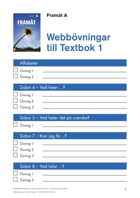 Elevblad till sprÃ¥kÃ¶vningar FramÃ¥t A Textbok 1 - Natur och Kultur