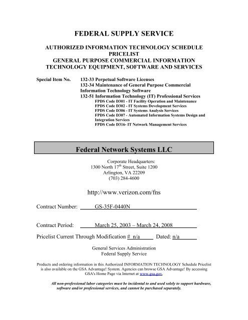 FEDERAL SUPPLY SERVICE Federal Network Systems LLC - Verizon