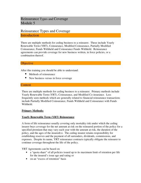 Reinsurance Types and Coverage Module 5 Reinsurance Types ...