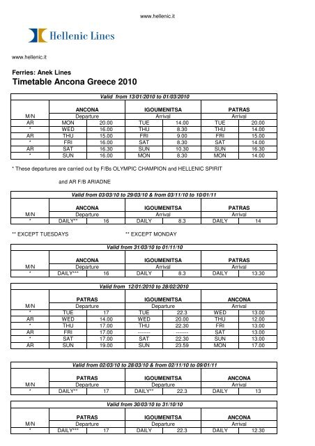 Timetable Ancona Greece 2010 - Hellenic Lines