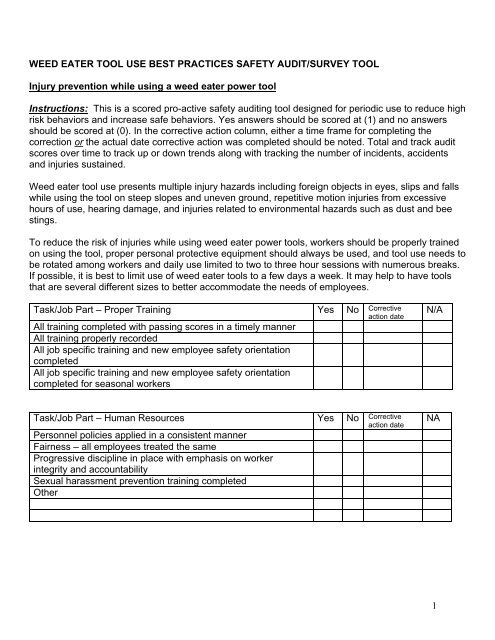 1 WEED EATER TOOL USE BEST PRACTICES SAFETY AUDIT ...