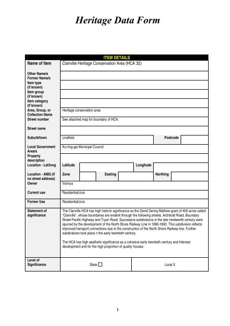 Heritage Data Form Ku Ring Gai Council