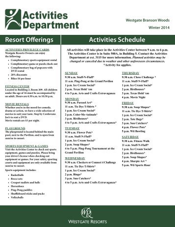 Activities Schedule - Westgate Branson Woods