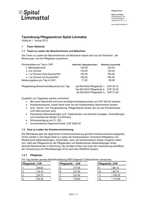 Taxordnung Pflegezentrum Spital Limmattal