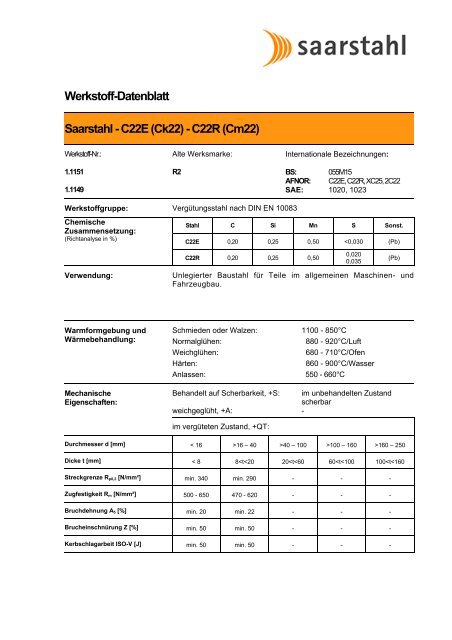 Werkstoff-Datenblatt Saarstahl - C22E (Ck22) - C22R (Cm22)