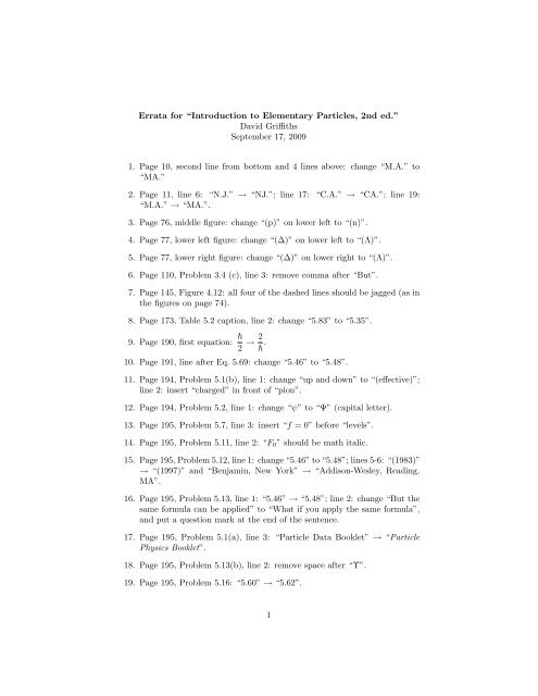 Errata for Ã¢Â€ÂœIntroduction to Elementary Particles, 2nd ed.Ã¢Â€Â David ...