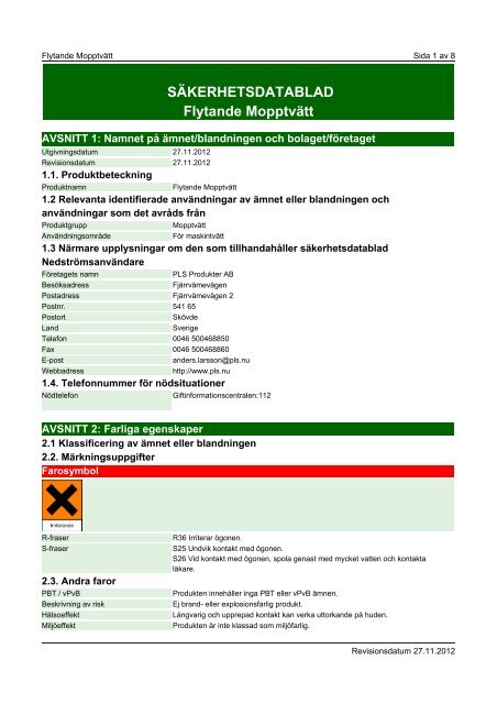 SÄKERHETSDATABLAD Flytande Mopptvätt - PLS