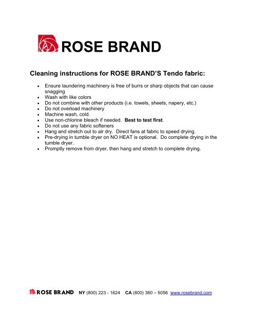 Cleaning Instructions For ROSE BRAND\'S Tendo Fabric