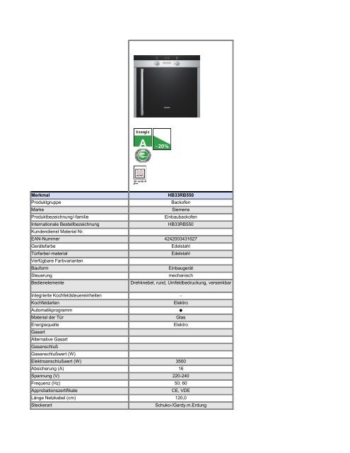 Merkmal HB33RB550 Produktgruppe Backofen Marke Siemens ...