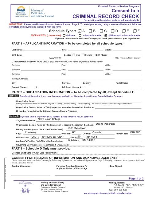 Criminal Record Check Consent Form for Employees - North Island ...