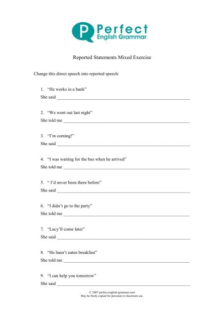 Reported Statements Mixed Exercise - Perfect English Grammar