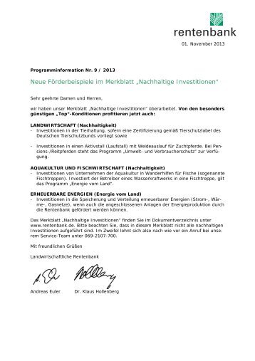 Nachhaltige Investitionen - Landwirtschaftliche Rentenbank