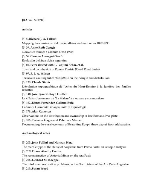 Complete Table of Contents for JRA vol. 5 - Journal of Roman ...