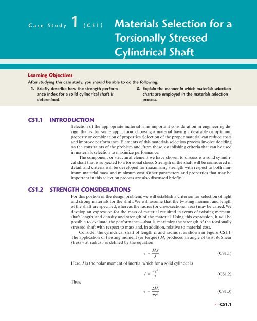 Materials Selection for a Torsionally Stressed Cylindrical Shaft Wiley