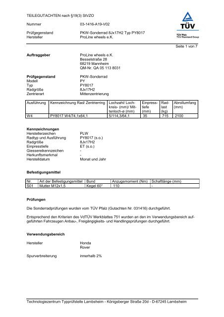 TEILEGUTACHTEN nach Â§19(3) StVZO Nummer 03-1416-A19-V02 ...