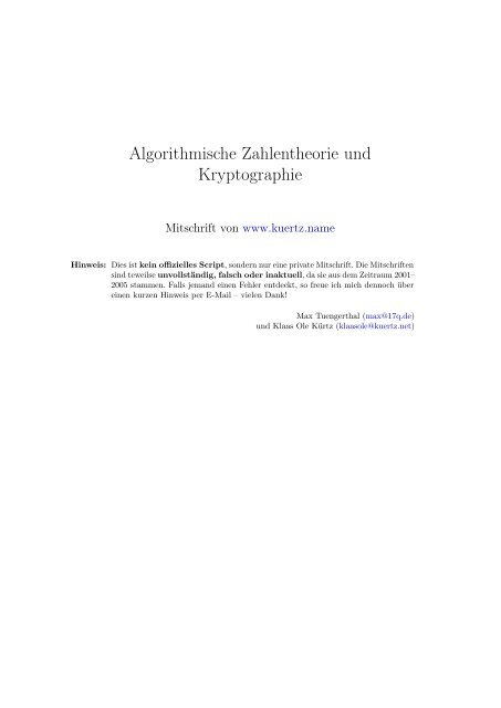 Algorithmische Zahlentheorie und Kryptographie - Mitschriften von ...