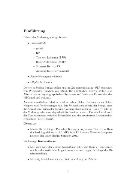 Algorithmische Zahlentheorie und Kryptographie - Mitschriften von ...