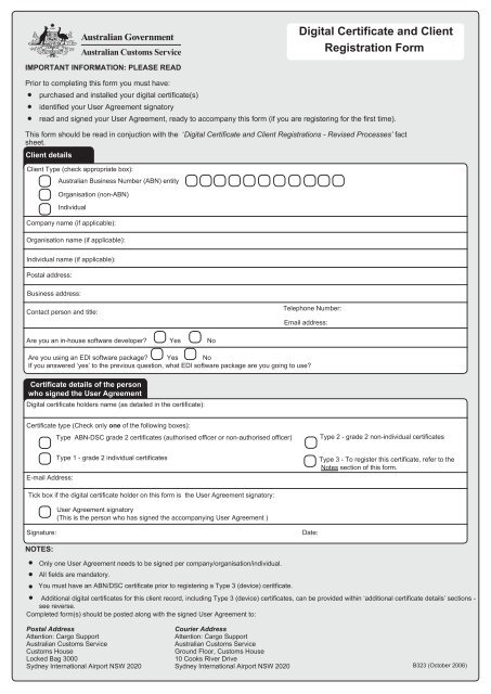 Digital Certificate and Client Registration Form - Australian Customs ...