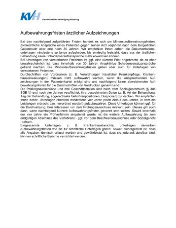 Aufbewahrungsfristen Ã¤rztlicher Aufzeichnungen - KVHH