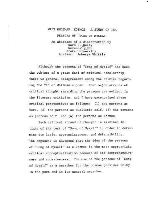 Walt Whitman Kosmos A Study Of The Drake University